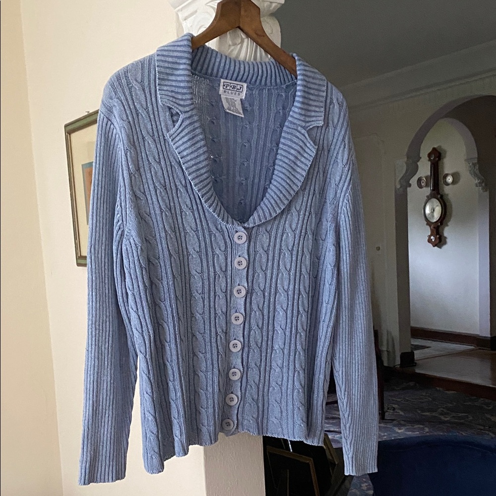 PBJ Blues Light Blue V-Neck Cableknit Button Front Cardigan Sweater L